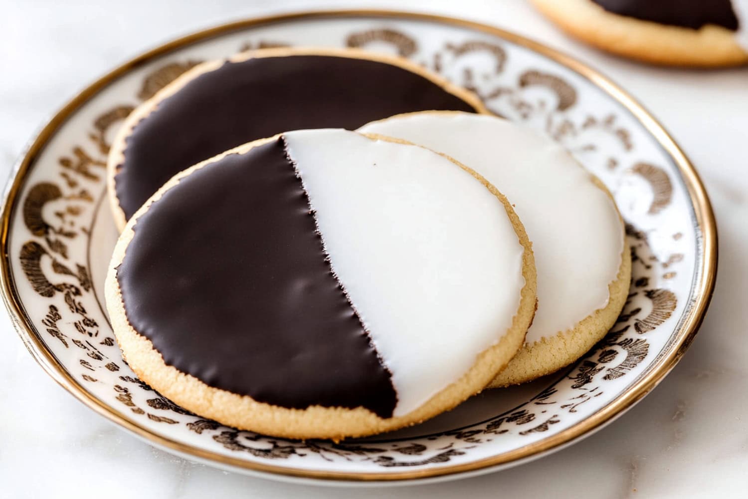 Bakery-style black and white cookies on a plate for serving