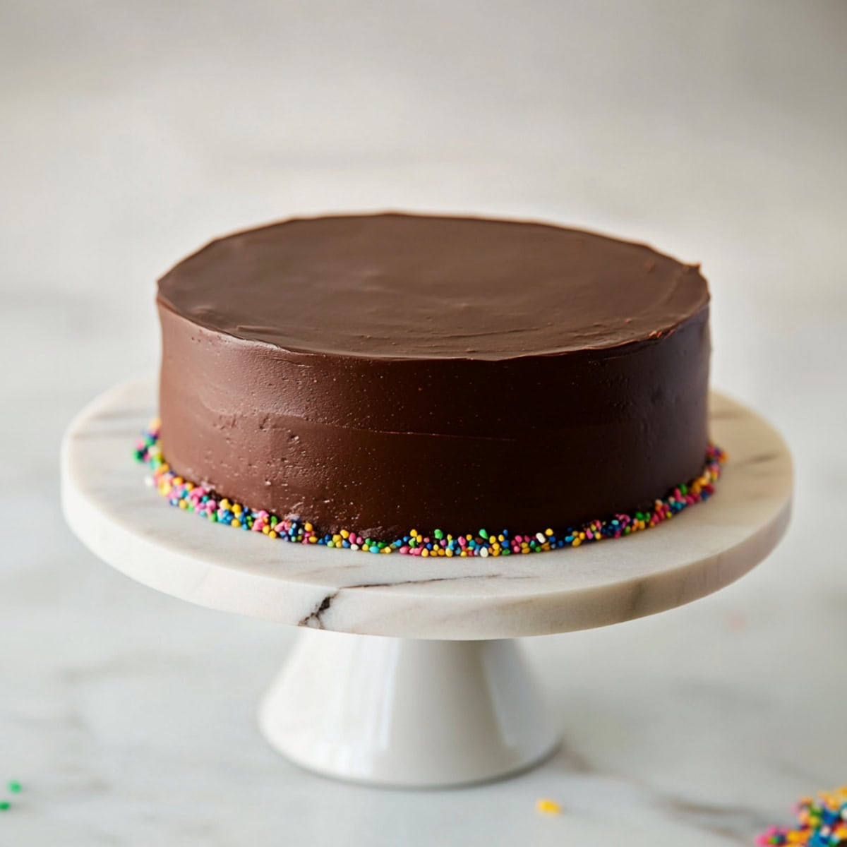 A whole Black Magic Cake on a cake stand