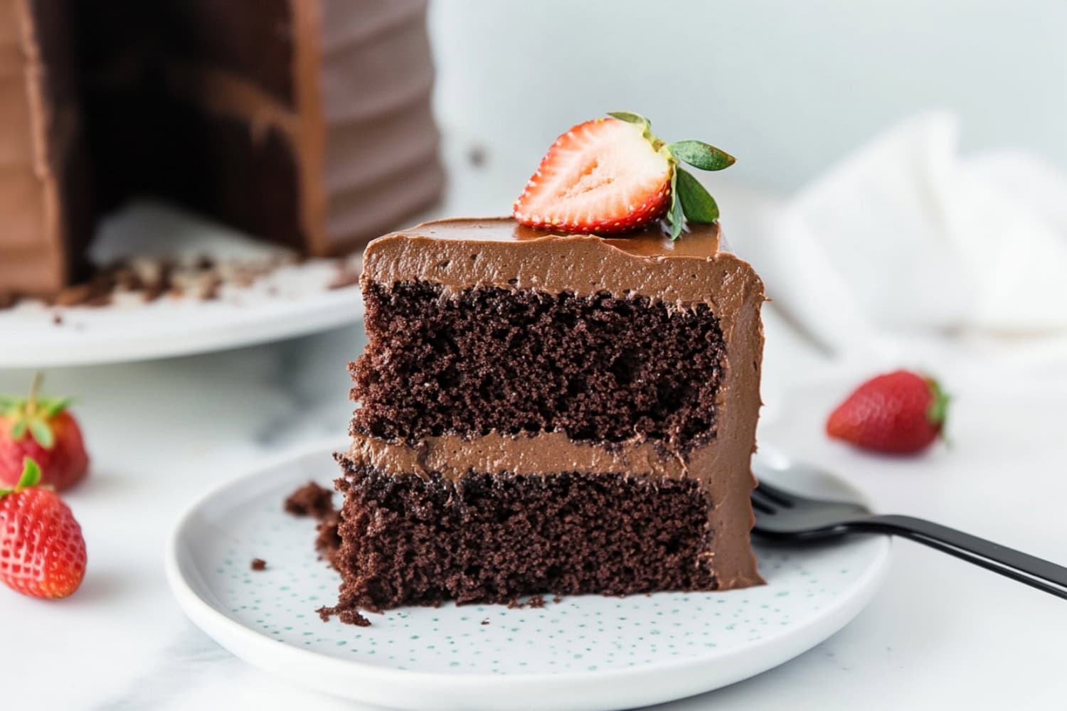 Slice of Black Magic Cake on a plate with fresh strawberries