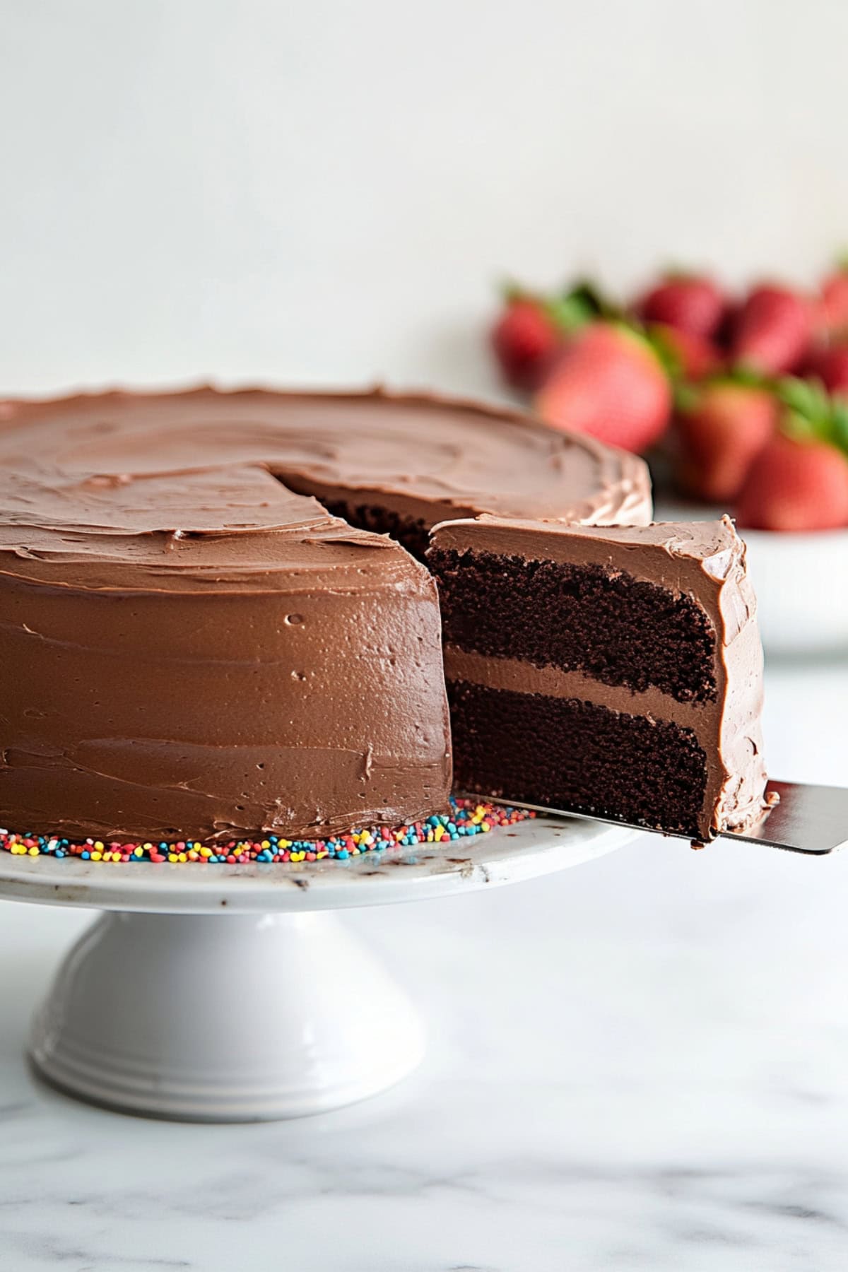 A whole Black Magic Cake with a slice being removed