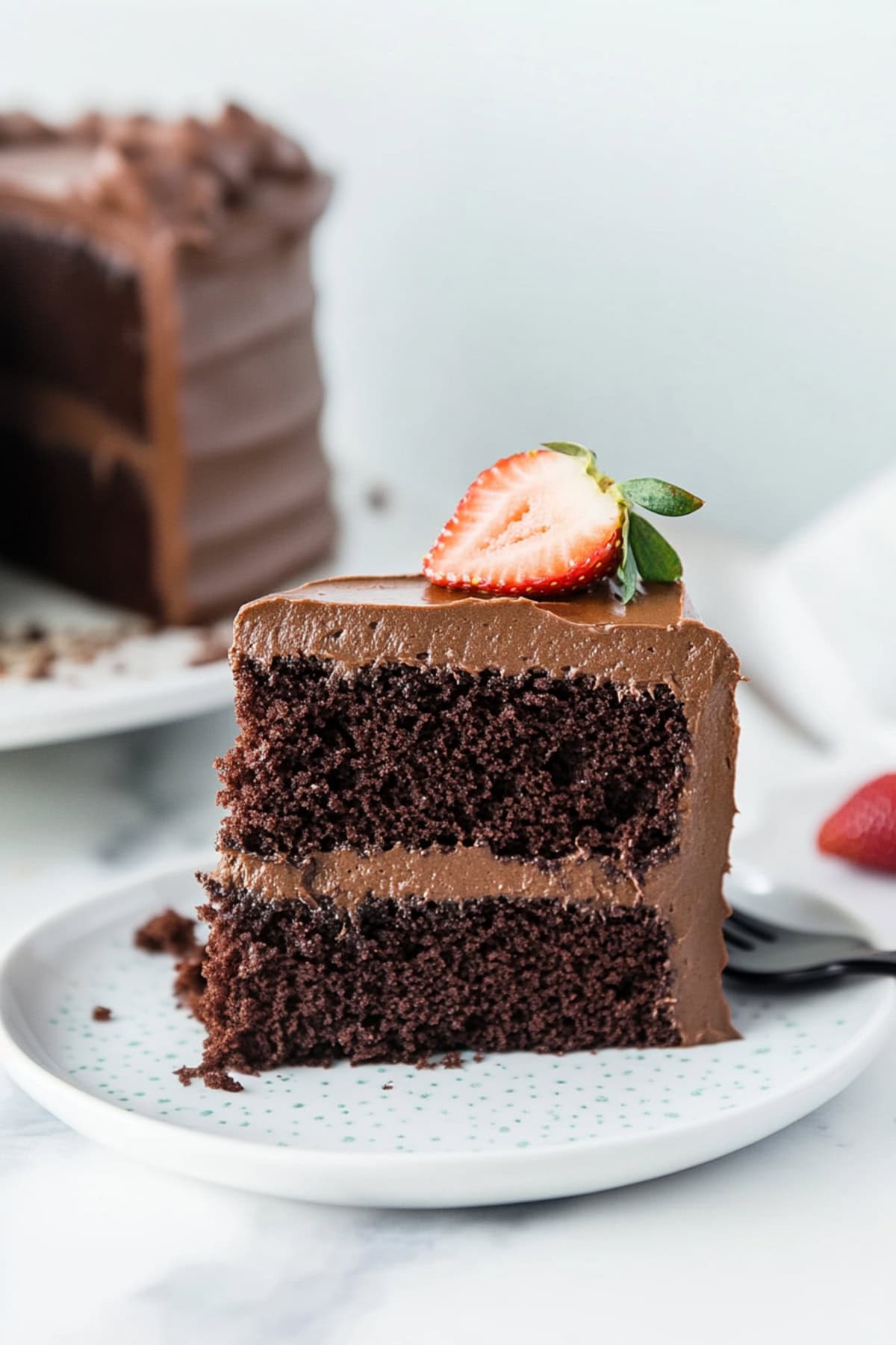 Slice of Black Magic Cake on a plate with fresh strawberries