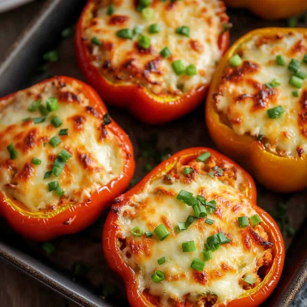 Melted cheese covered buffalo chicken stuffed peppers in a sheet pan.