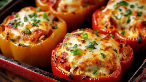 Buffalo chicken stuffed peppers covered with melted cheese arranged in a sheet pan.