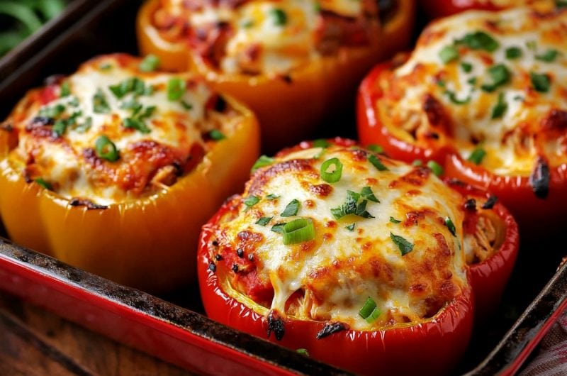 Buffalo chicken stuffed peppers covered with melted cheese arranged in a sheet pan.