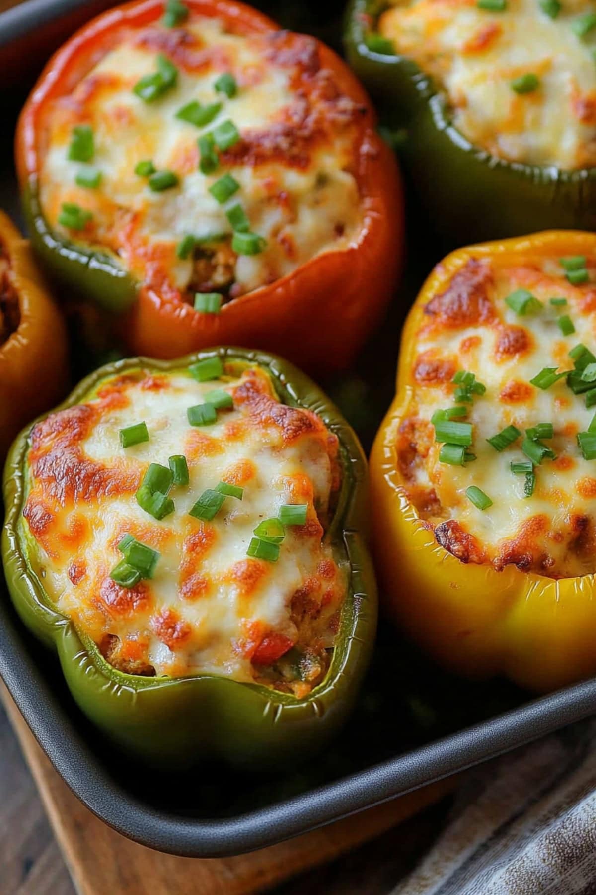 Green and red bell peppers stuffed with buffalo flavored chicken covered with cheese.