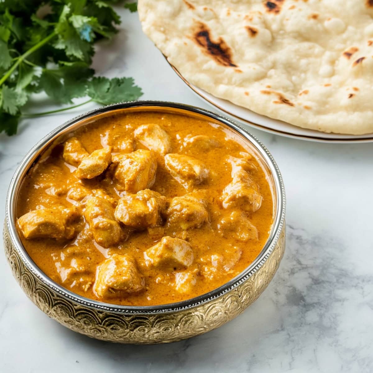 Chicken korma in a metal bowl.