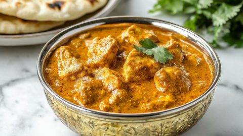Chicken korma with creamy masala sauce served in a metal bowl.