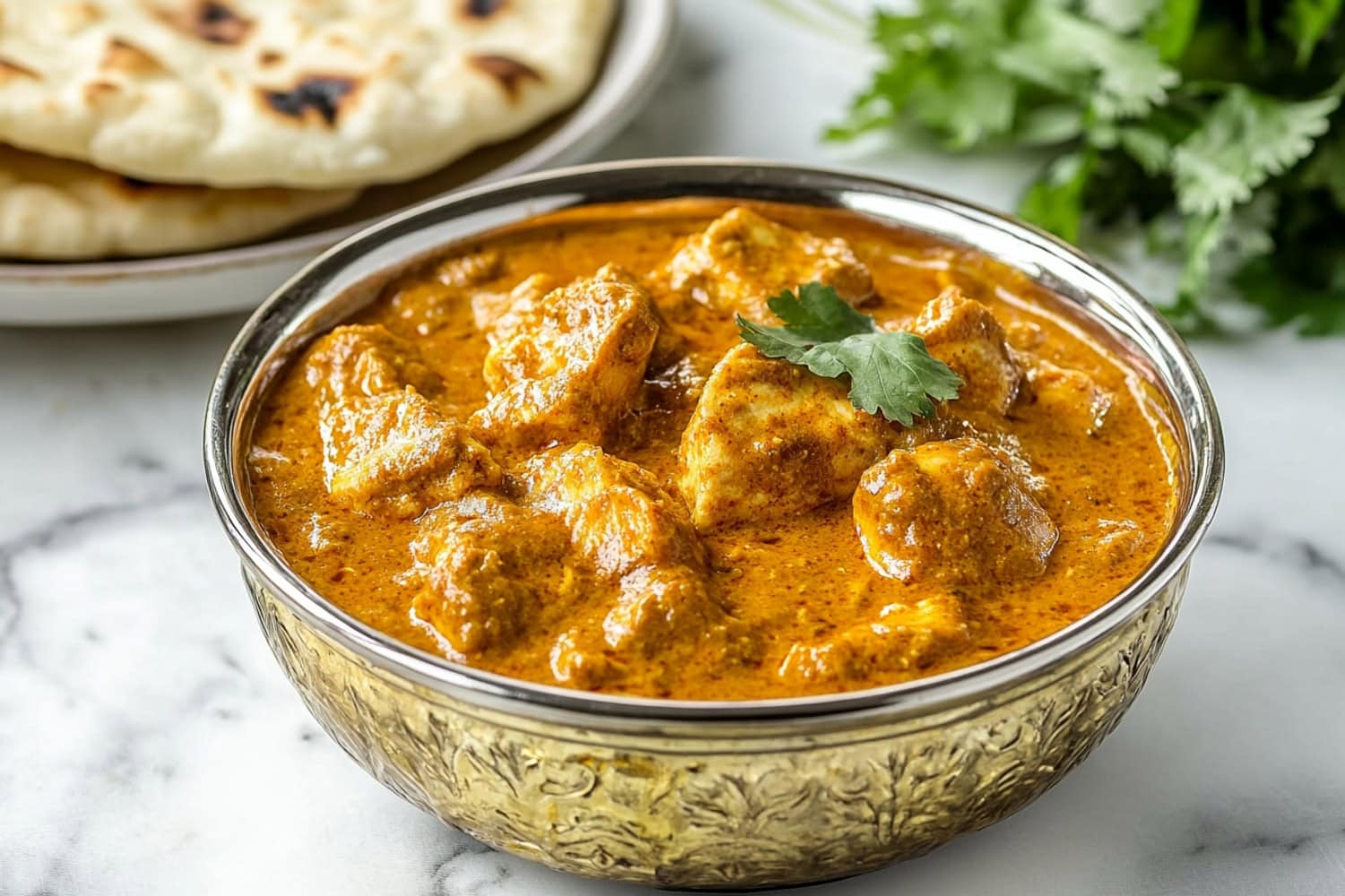 Chicken korma with creamy masala sauce served in a metal bowl.