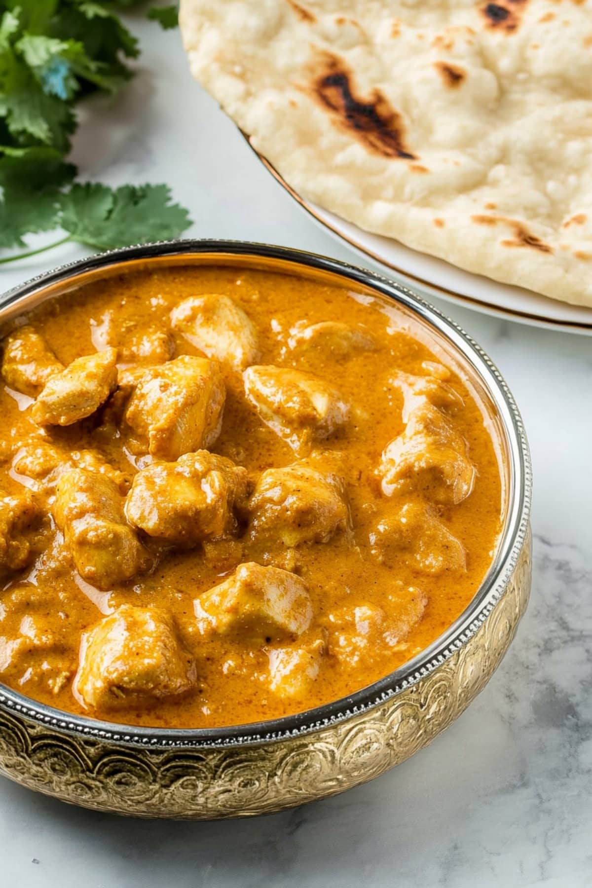 Chicken korma in a metal bowl sitting next to roti.