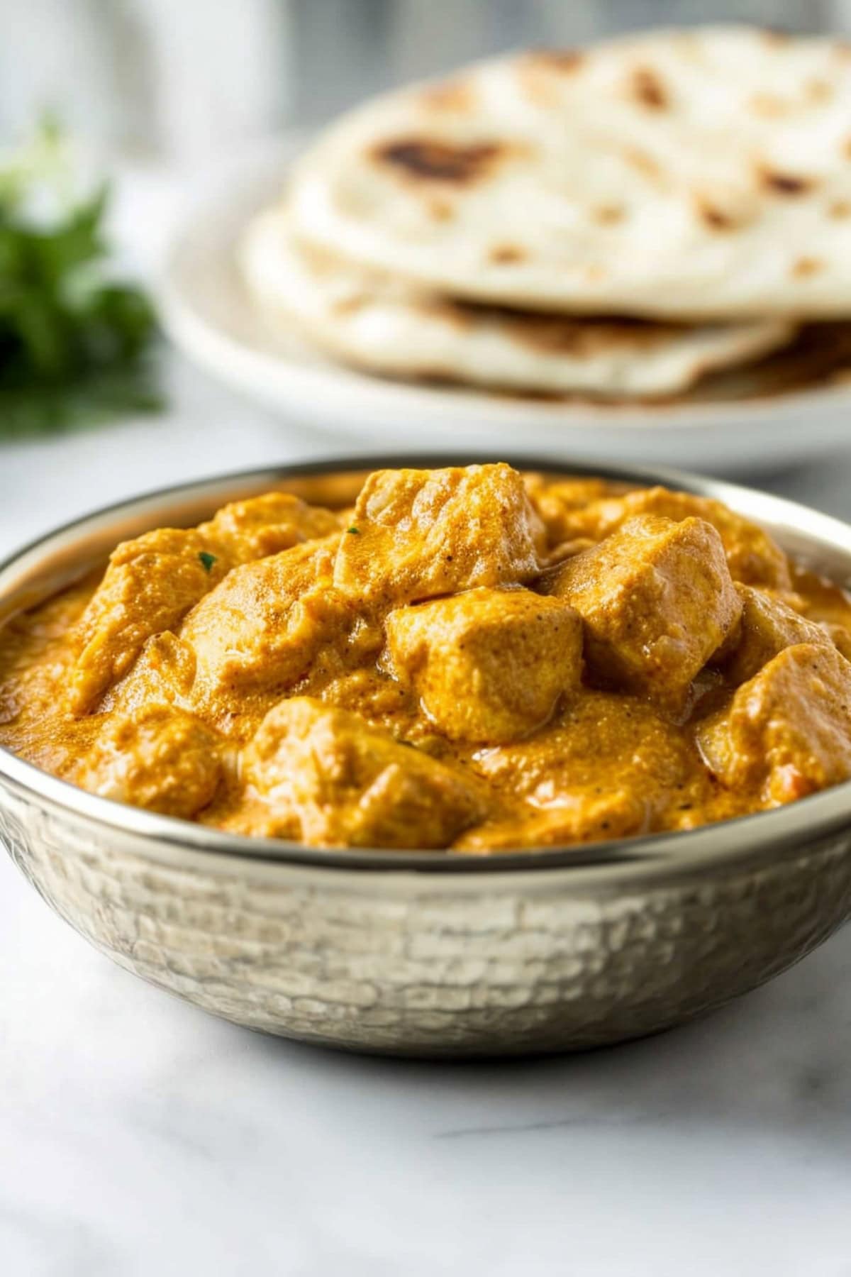 Chicken korma served in a metal bowl. 