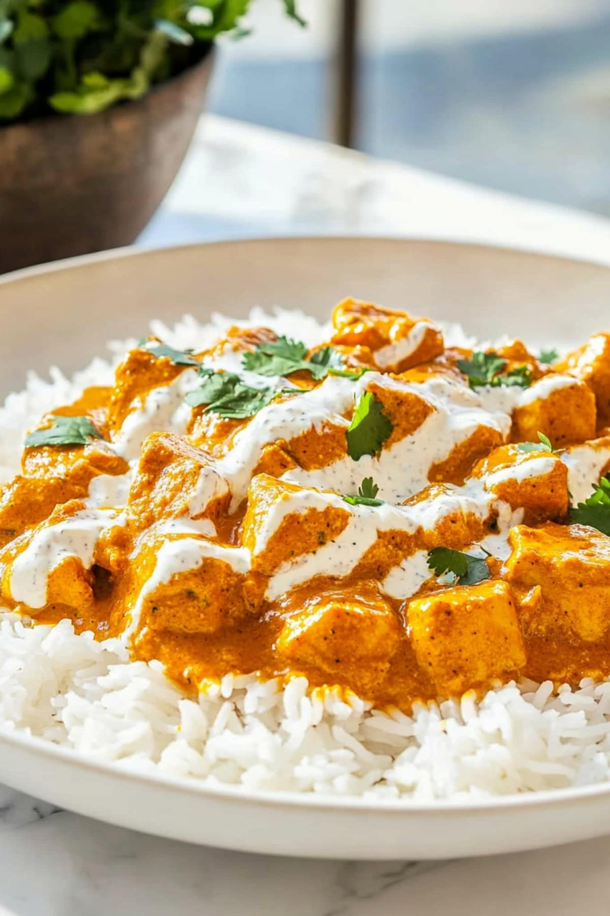 Chicken korma served on top of white rice.