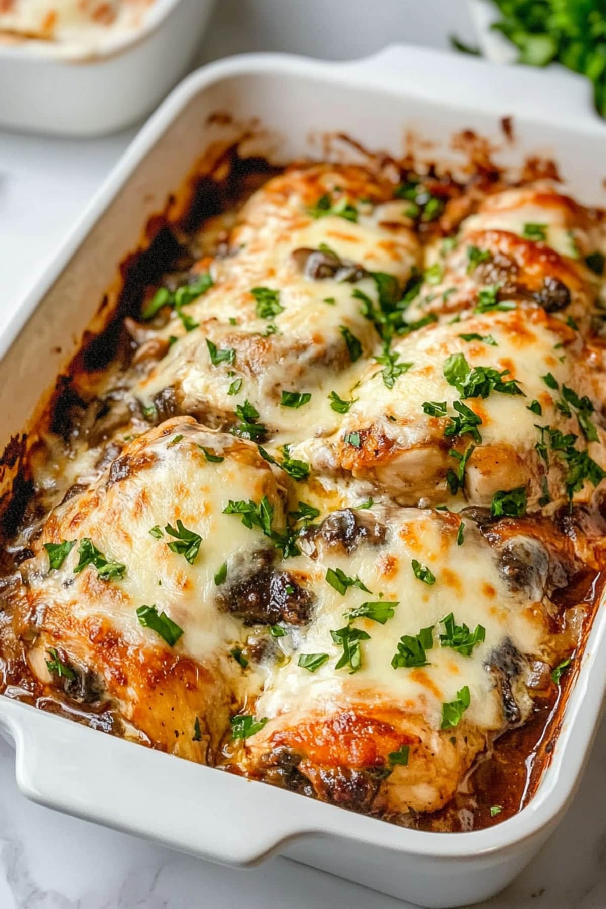 Chicken lombardy in a rectangular baking dish topped with creamy sauce.