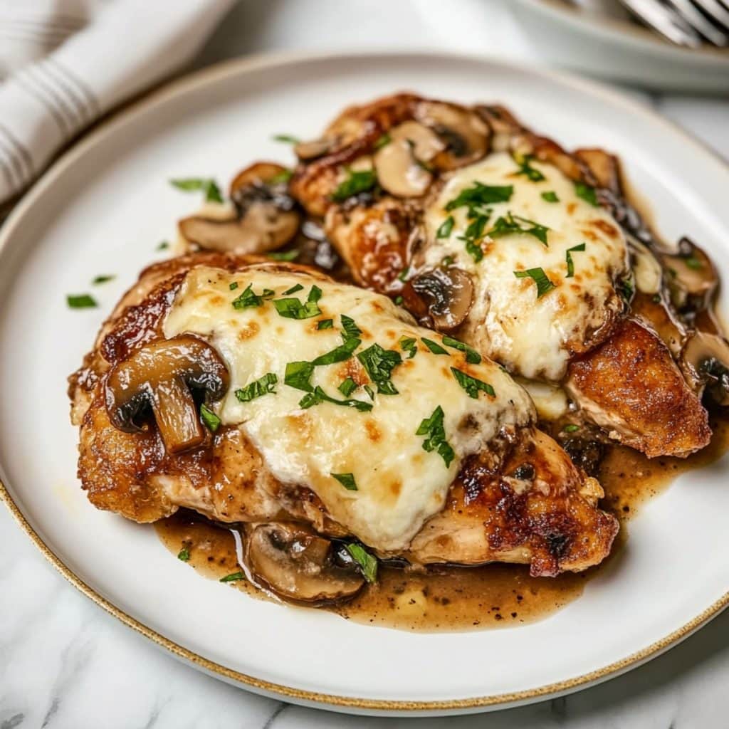 Chicken lombardy with cheesy mushroom sauce served in a white plate.