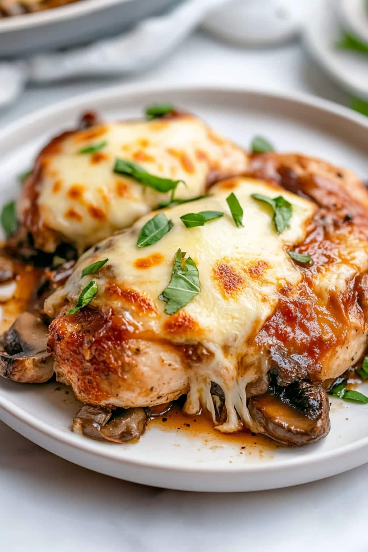 Chicken lombardy with cheesy mushroom sauce served in a white plate.