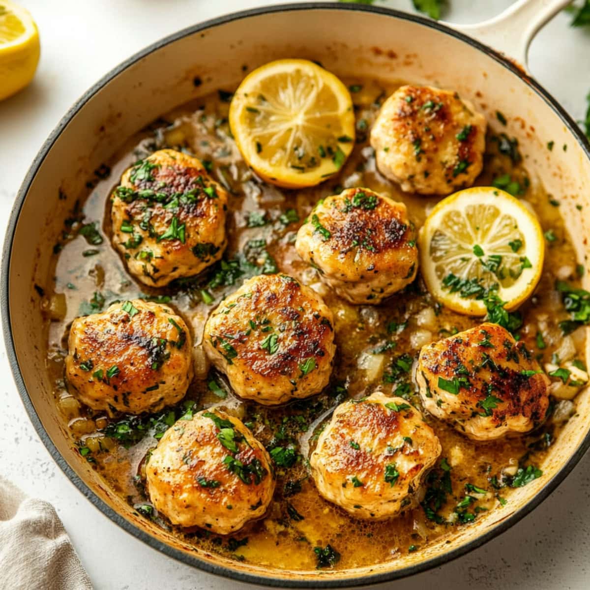 A skillet of chicken piccata meatballs with lemon and herbs.