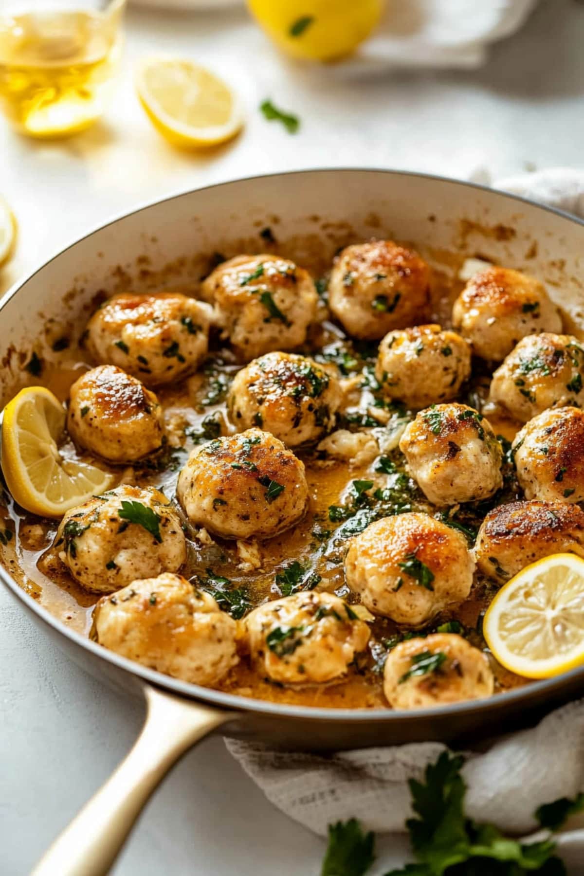 Tender chicken piccata meatballs served in a tangy, creamy sauce with fresh herbs and capers.