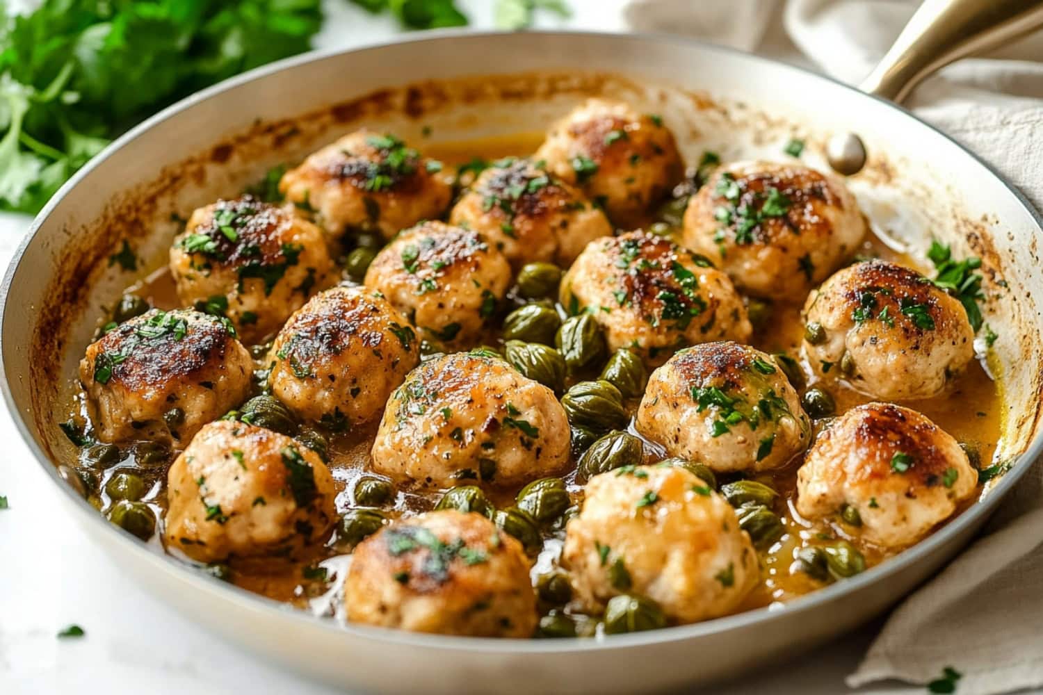 A skillet of chicken piccata meatballs with capers in a tangy lemon sauce.