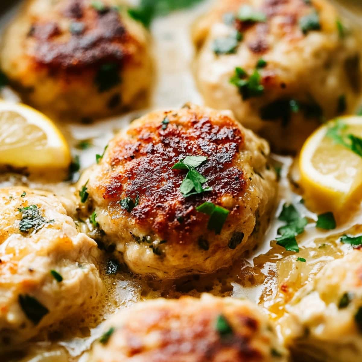 Golden-brown chicken piccata meatballs simmering in a tangy lemon sauce.