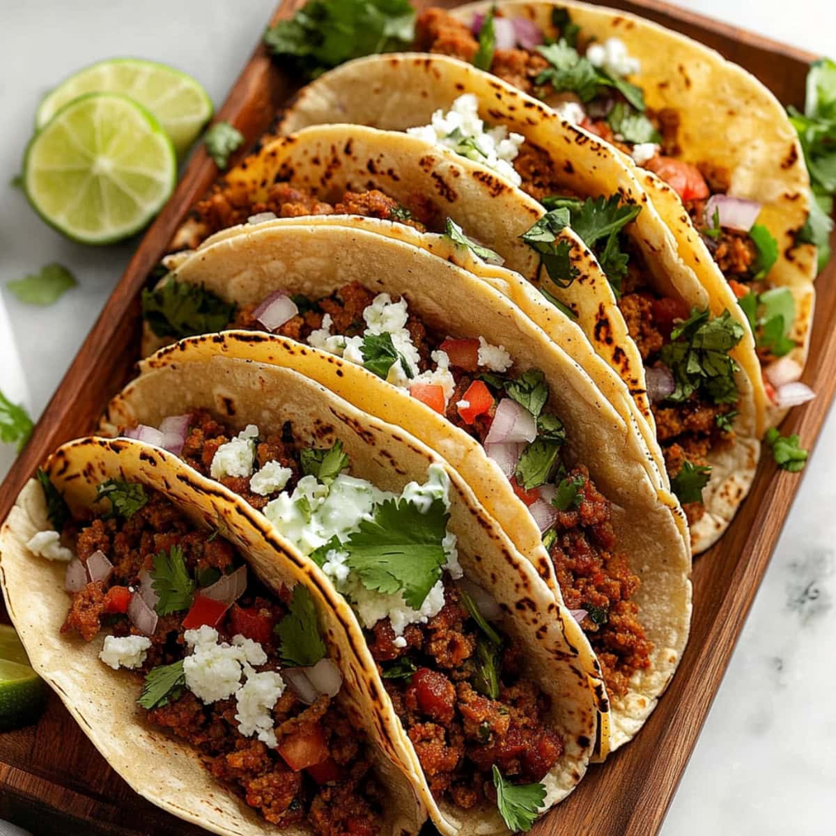 Chorizo filled tacos arranged in a wooden plate, top view