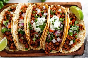 Chorizo tacos arranged in a wooden board.