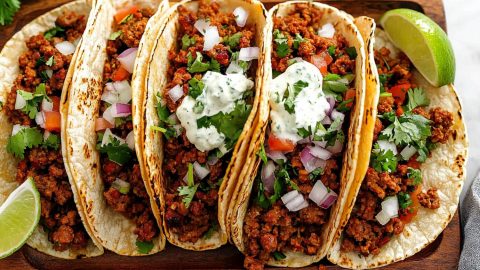 Chorizo tacos arranged in a wooden board.