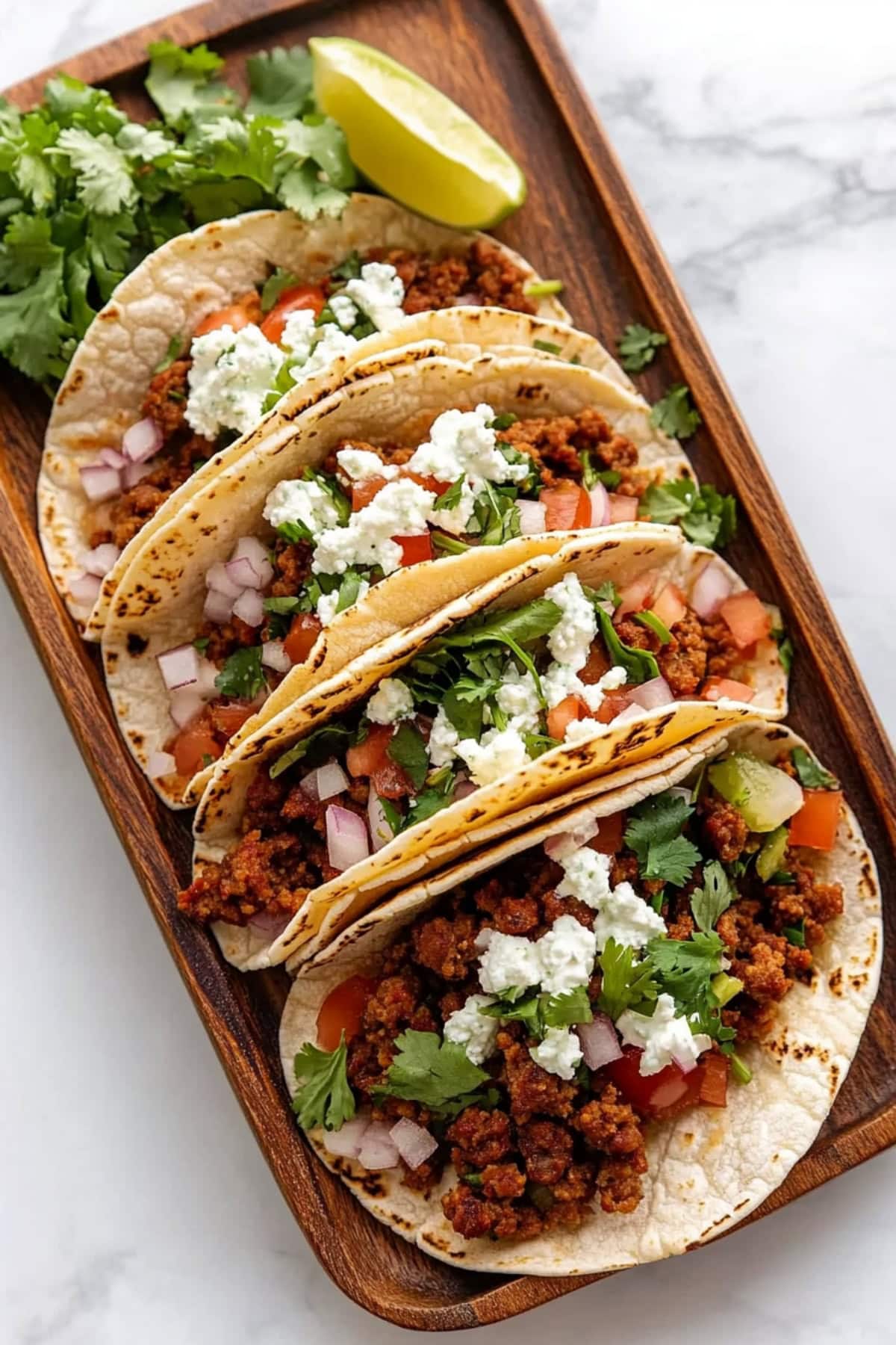 Taco shells with chorizo filling arranged in a wooden tray. 