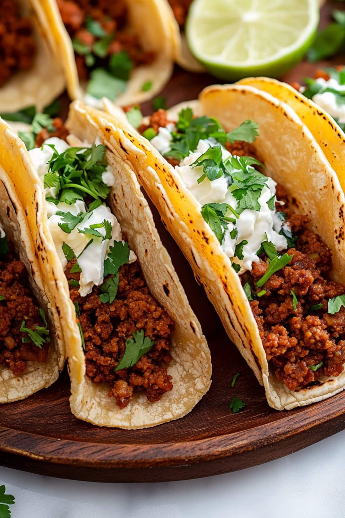 Chorizo tacos garnished with creamy dressing