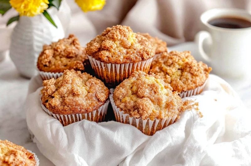 Bunch of cinnamon streusel muffins in a basket with cloth lining.