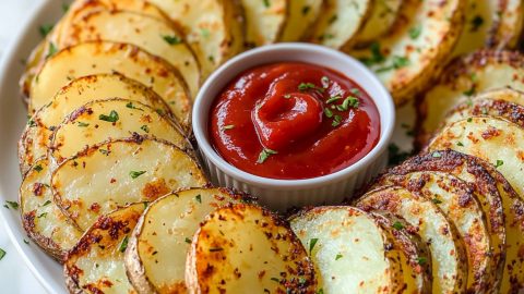 Sliced potato rounds arranged in a plate with ketchup dip in the middle.