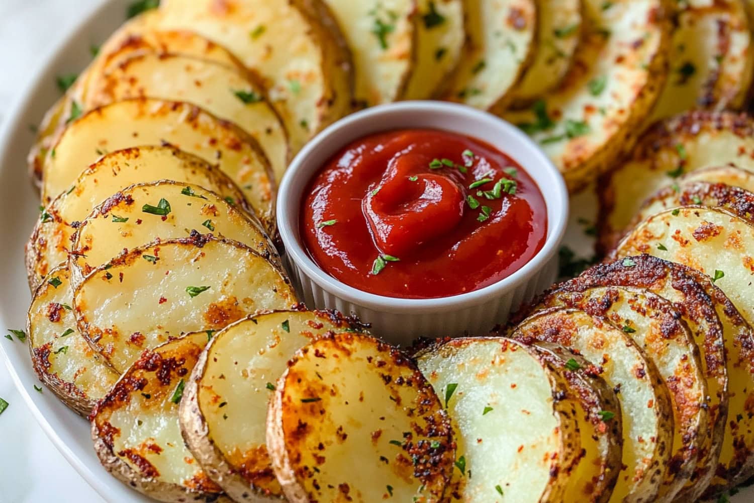 Sliced potato rounds arranged in a plate with ketchup dip in the middle.