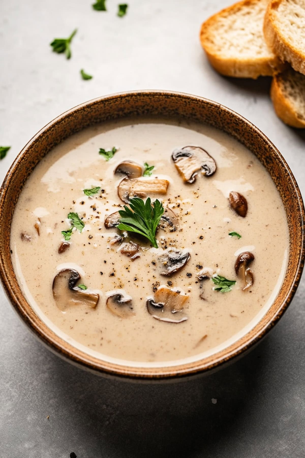 Warm cream of mushroom soup with fresh parsley, and served with bread.