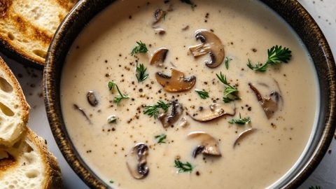 Warm soup with chunks of mushrooms, garnished with a touch of olive oil and green herbs for a fresh finish.