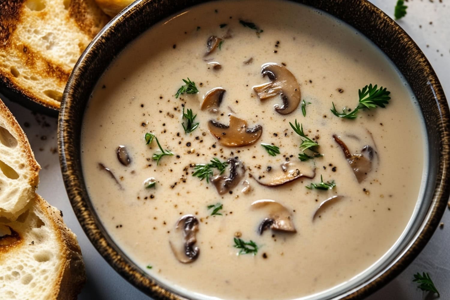 Warm soup with chunks of mushrooms, garnished with a touch of olive oil and green herbs for a fresh finish.