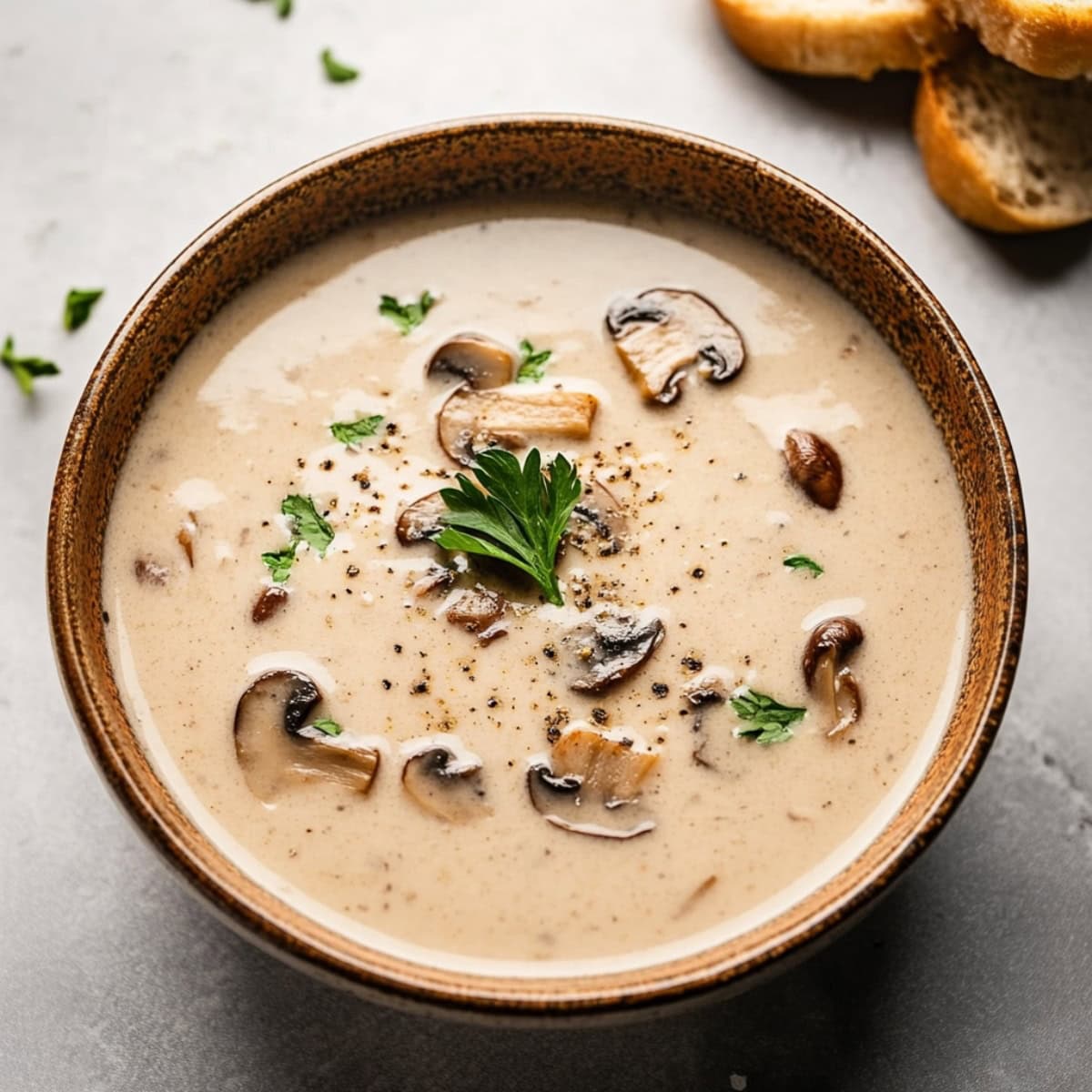 Thick, velvety soup with chunks of mushrooms, speckled with black pepper, fresh thyme and parsley.