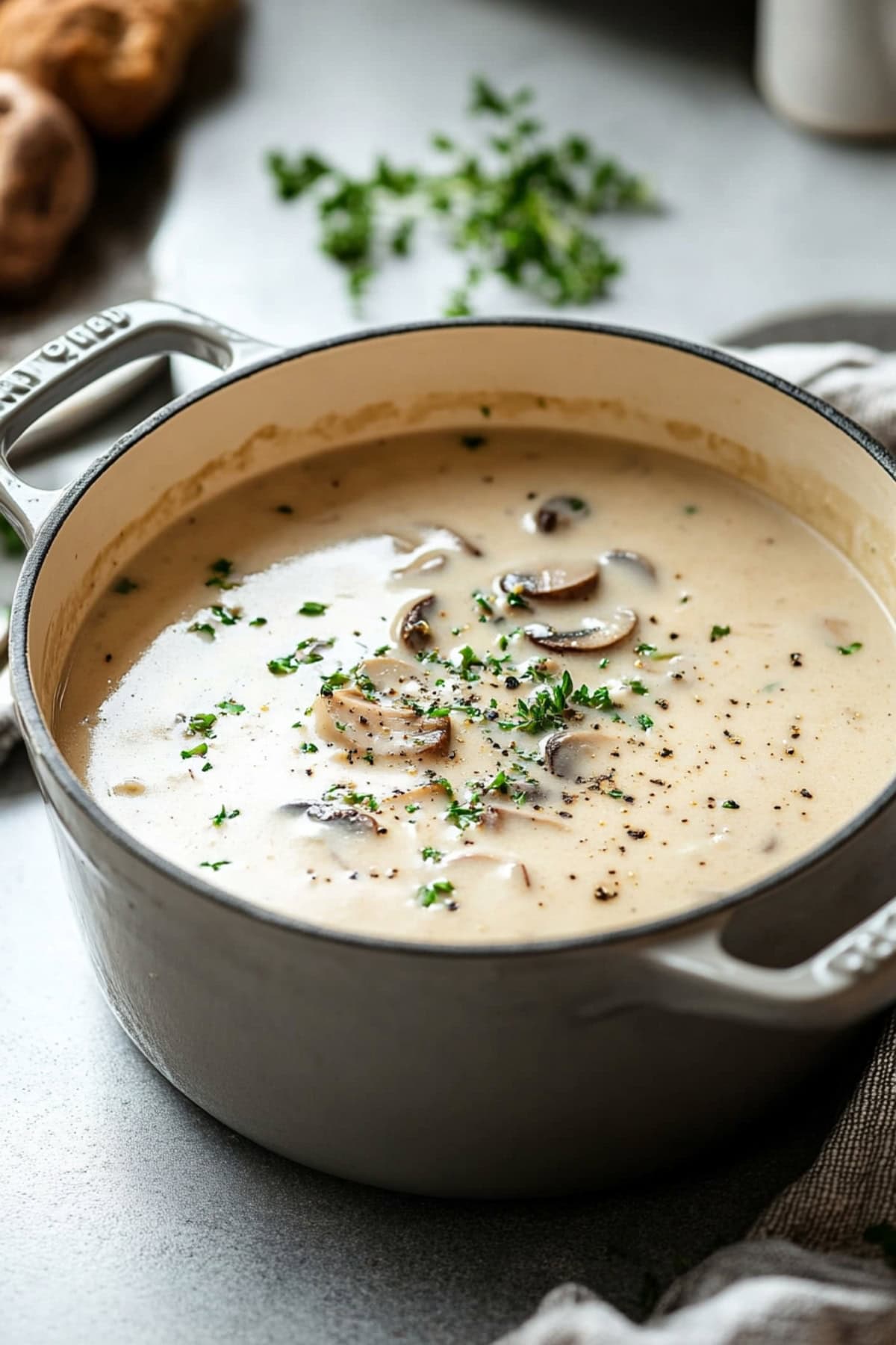 A large pot of cream of mushroom soup.