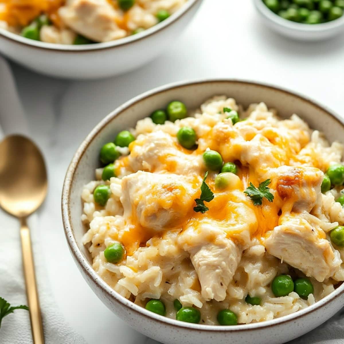 Rich and creamy chicken and rice with green peas, a golden spoon on the side.