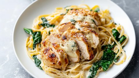 Sliced creamy chicken florentine served with pasta in a white plate.