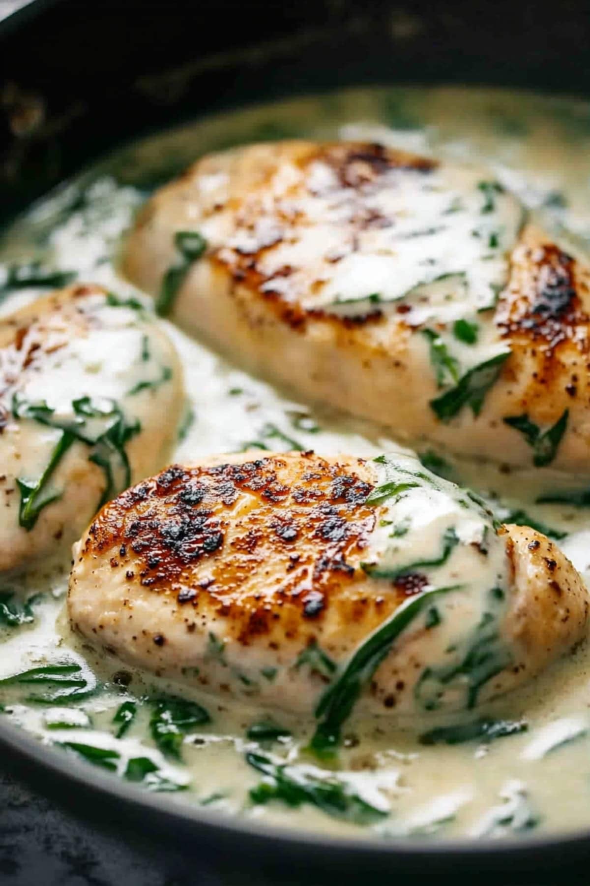 Seared chicken breast cooked with creamy sauce with spinach.