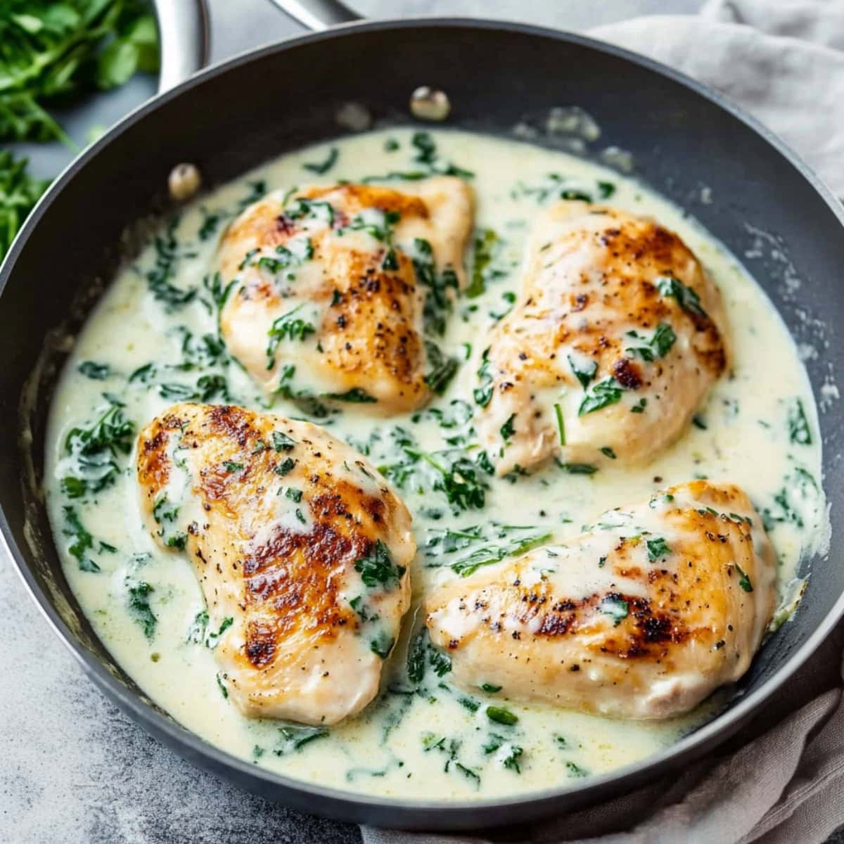 Chicken breast cooked in creamy sauce with spinach in a skillet.