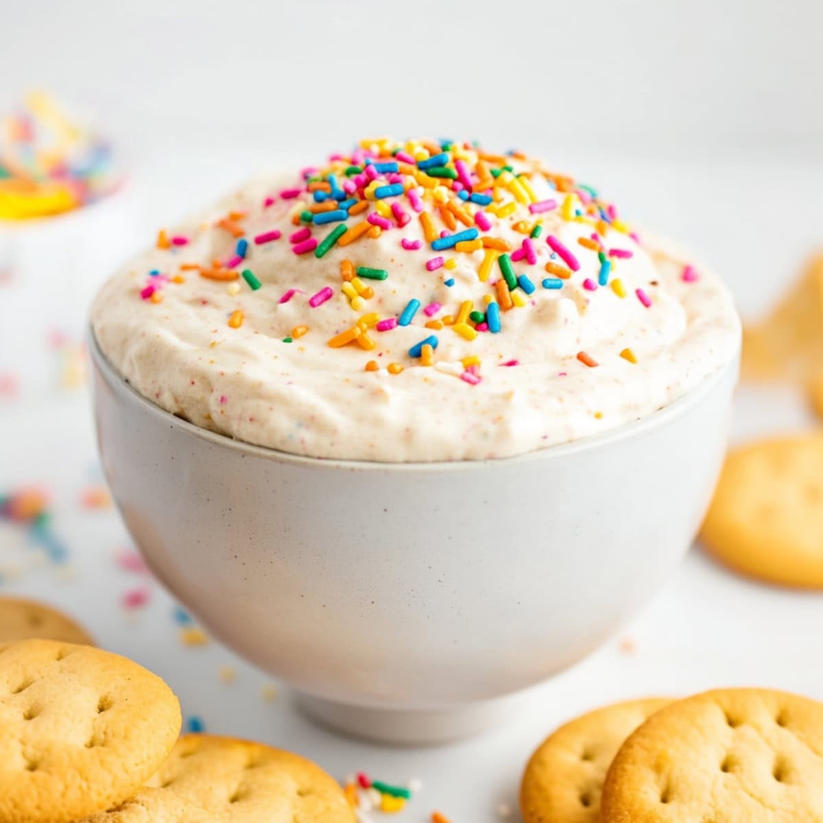 White creamy dip with sprinkles served in a white bowl, side view