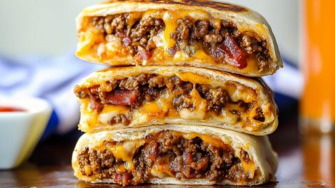 Cheesy homemade garbage bread, featuring ground beef, bacon and cheese.