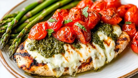 Grilled chicken topped with margherita-style ingredients, featuring melted cheese and tomatoes, served with asparagus.