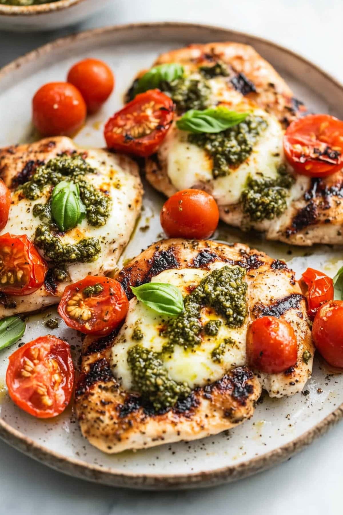 Grilled chicken margherita served with fresh tomatoes, mozzarella, and basil, drizzled with balsamic glaze on a white plate.