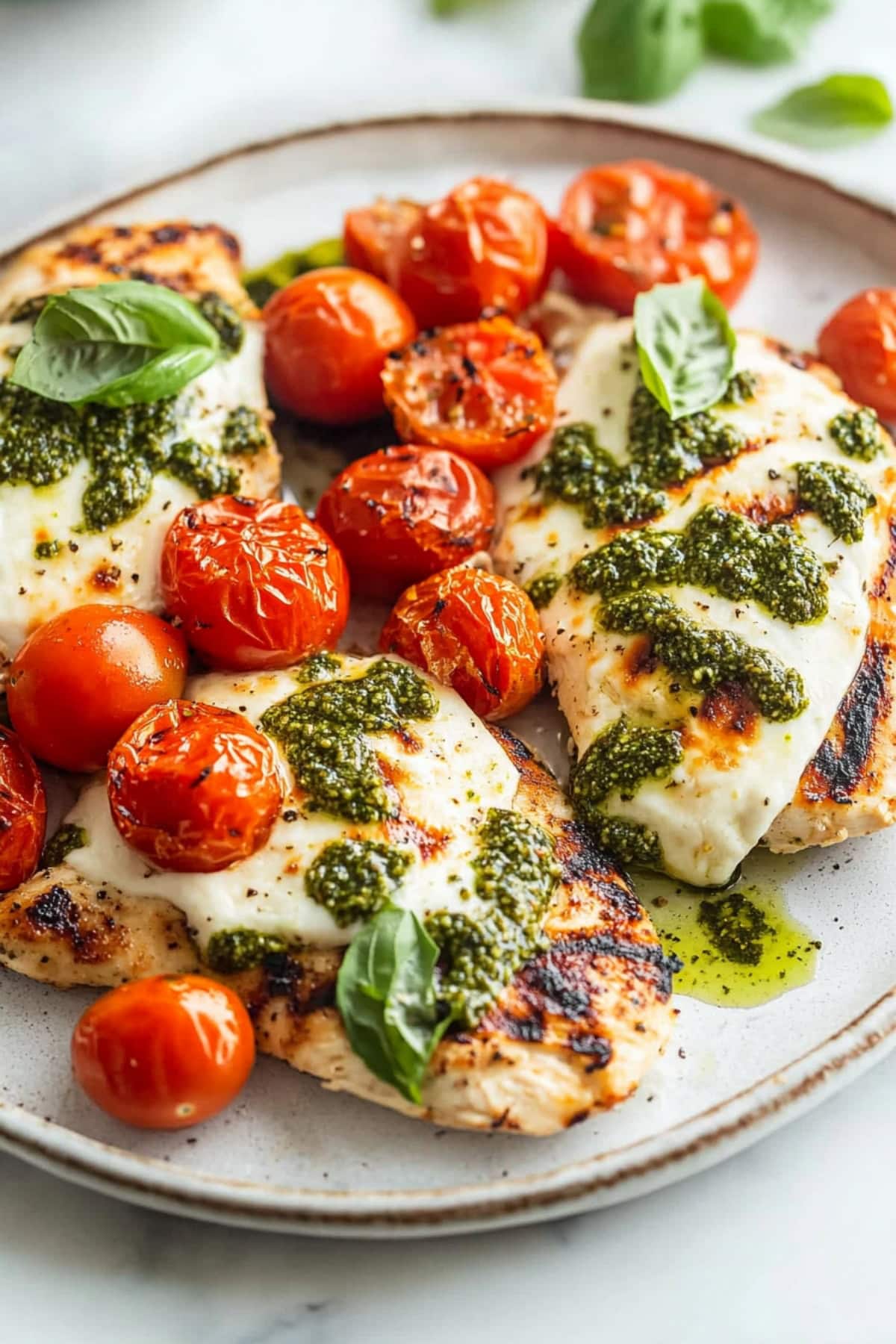 Tender grilled chicken margherita with vibrant red tomatoes, cheesy mozzarella and pesto.