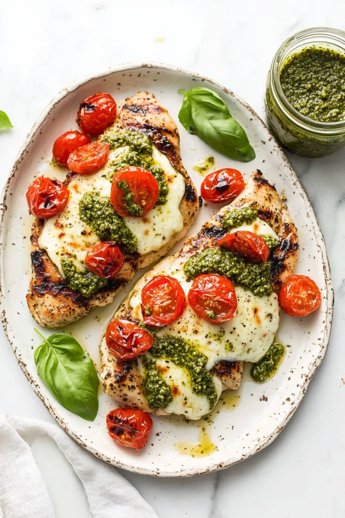 Two chicken margherita topped with cherry tomatoes and pesto.