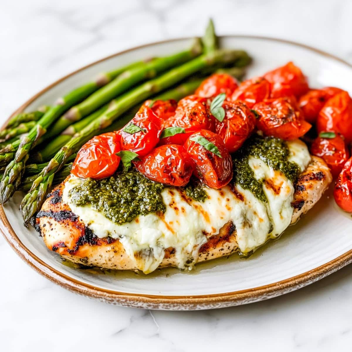 Juicy grilled chicken breast topped with cherry tomatoes and basil.