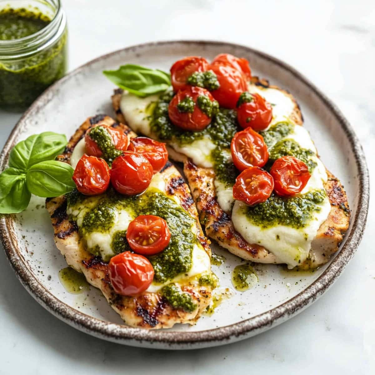 Close-up of a margherita-style grilled chicken dish with bubbling mozzarella, fresh basil, and ripe tomatoes.