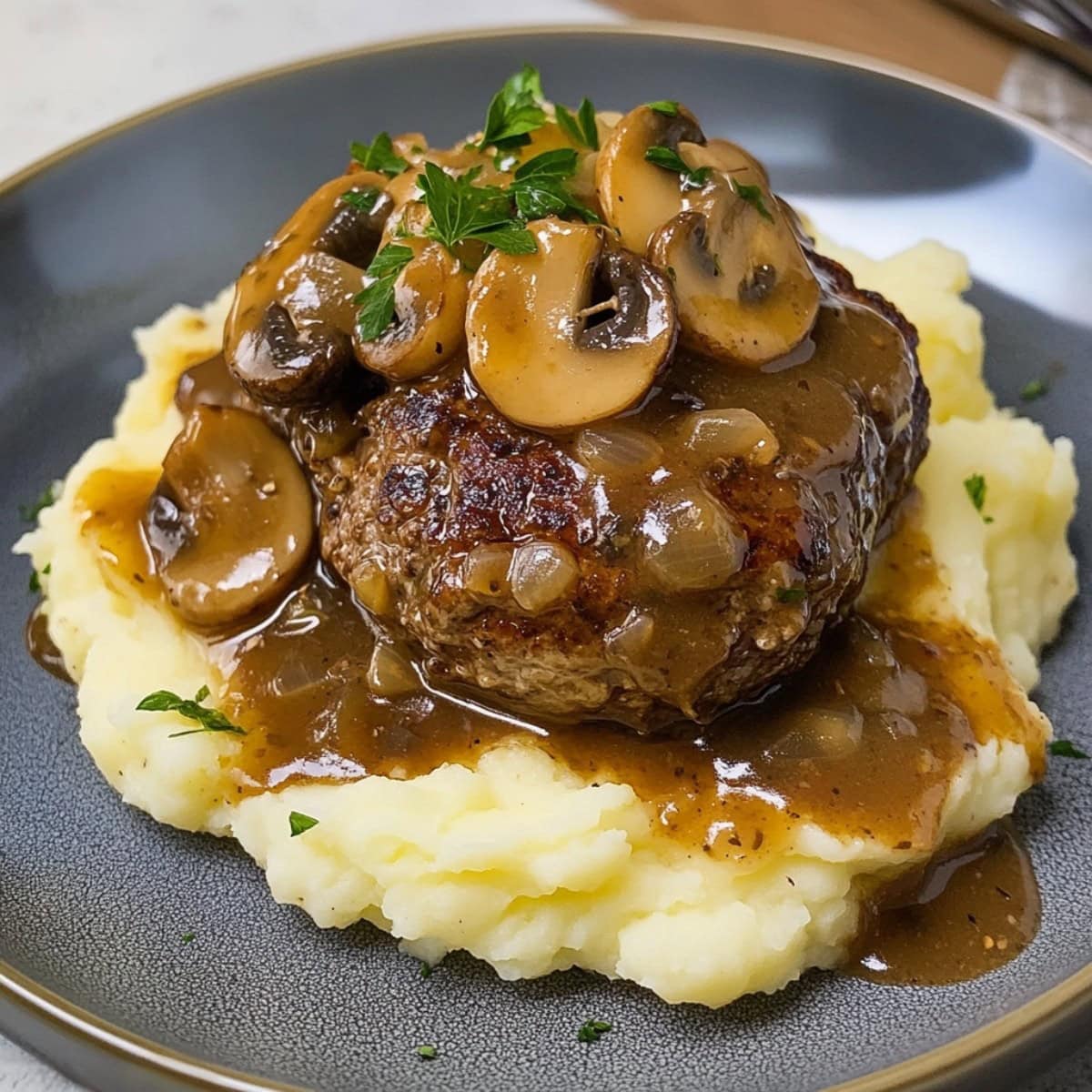 A plate of hamburger steak with gravy, mushrooms and onions, served with mashed potatoes.