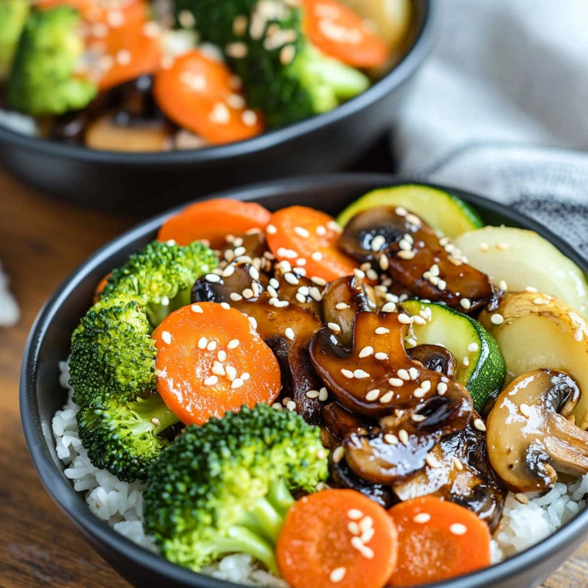 Stir fried zucchini, carrots, broccoli, and shiitake mushrooms served on top of white rice in a black bowl.