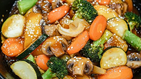 Hibachi vegetables tossed in a skillet pan.